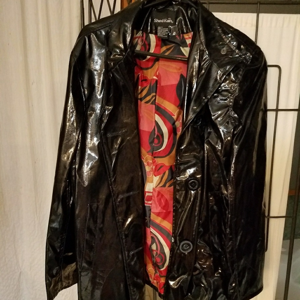 Shiny, midnight black rain jacket